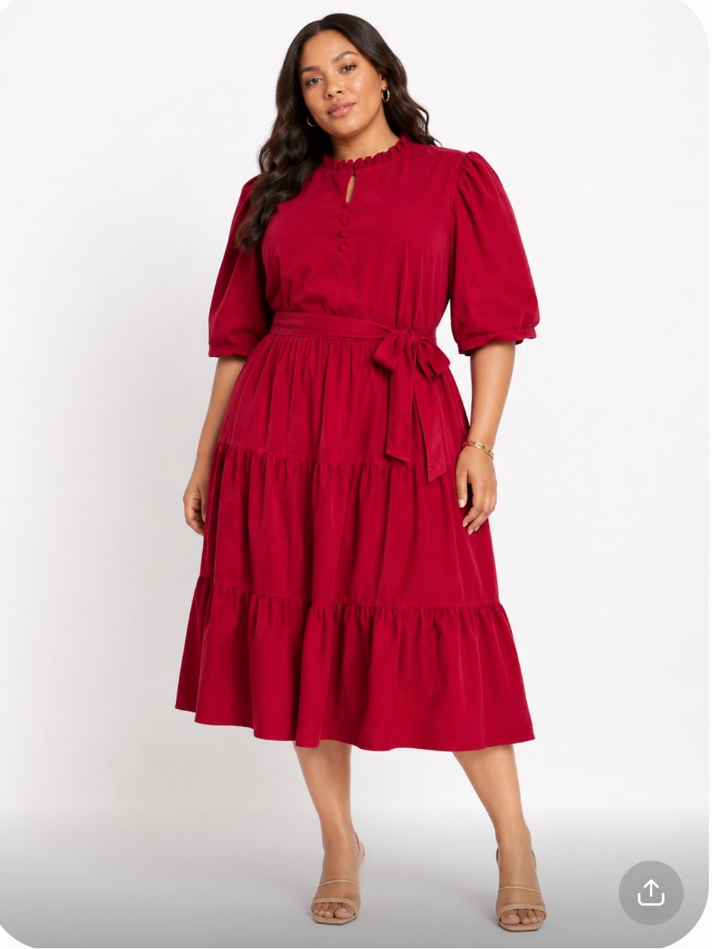 DRAPER JAMES Red Tiered Belted Midi Babydoll Dress